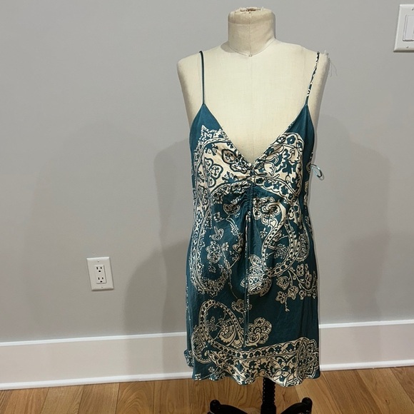 ZARA Turquoise Paisley Ruched Camisole Slip Dress‎ Mini - Picture 3 of 10